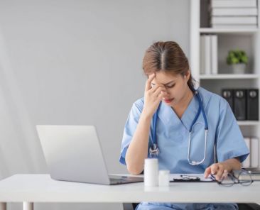 Stressed young female doctor looking at laptop reading bad news online worried of mistake at workplace. Unhappy professional physician in tension feeling tired solving computer problem at work...